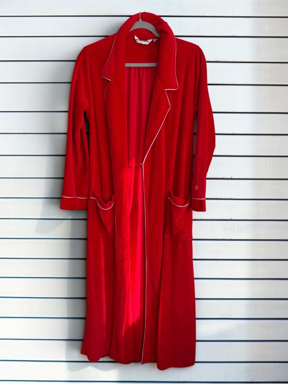 Vintage Pierre Cardin Robe Red Velour White Trim 1970s 1980s Mod Bathrobe